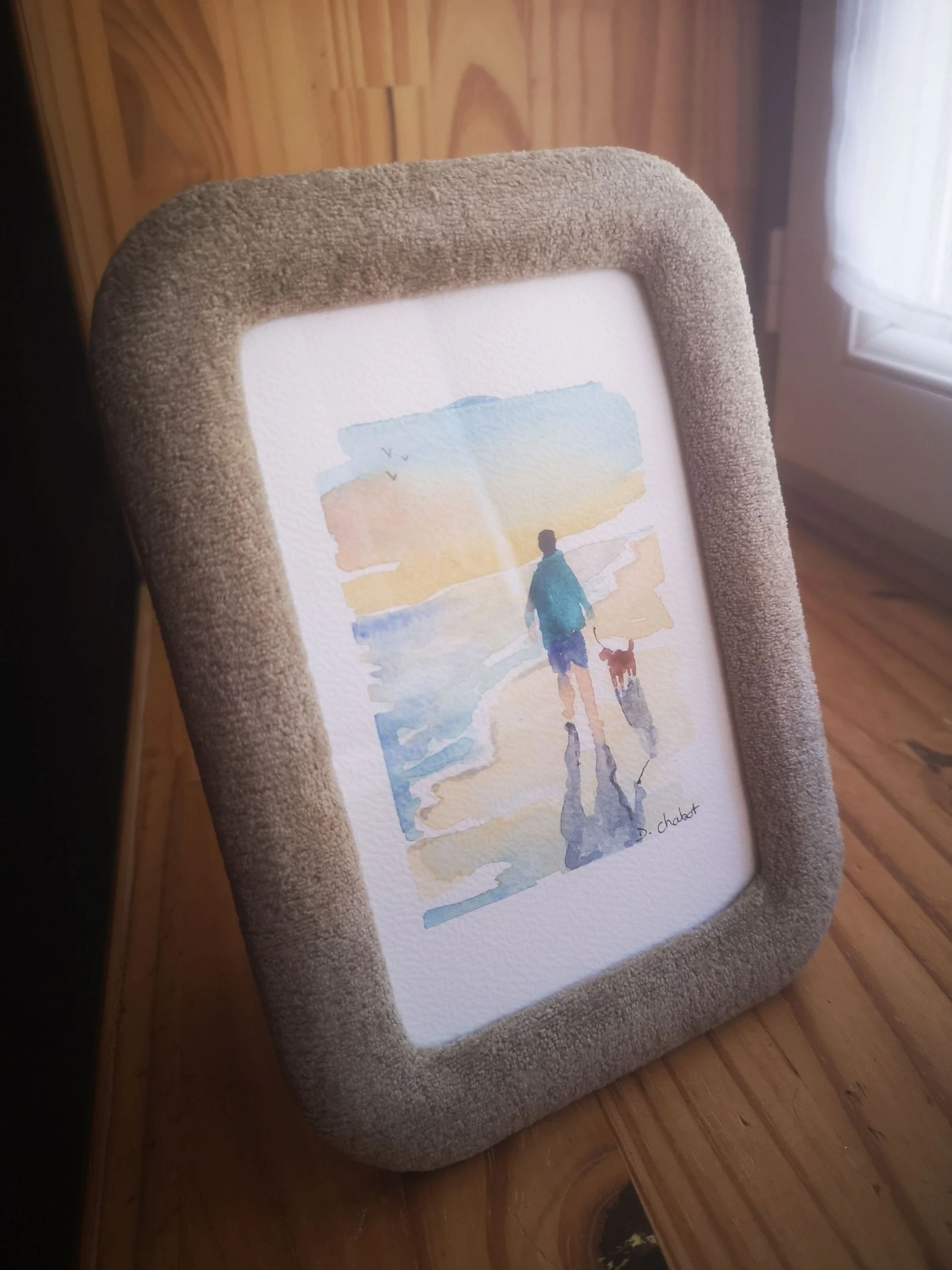 Aquarelle peinte à la main et son cadre peluche "promenade à la mer" 